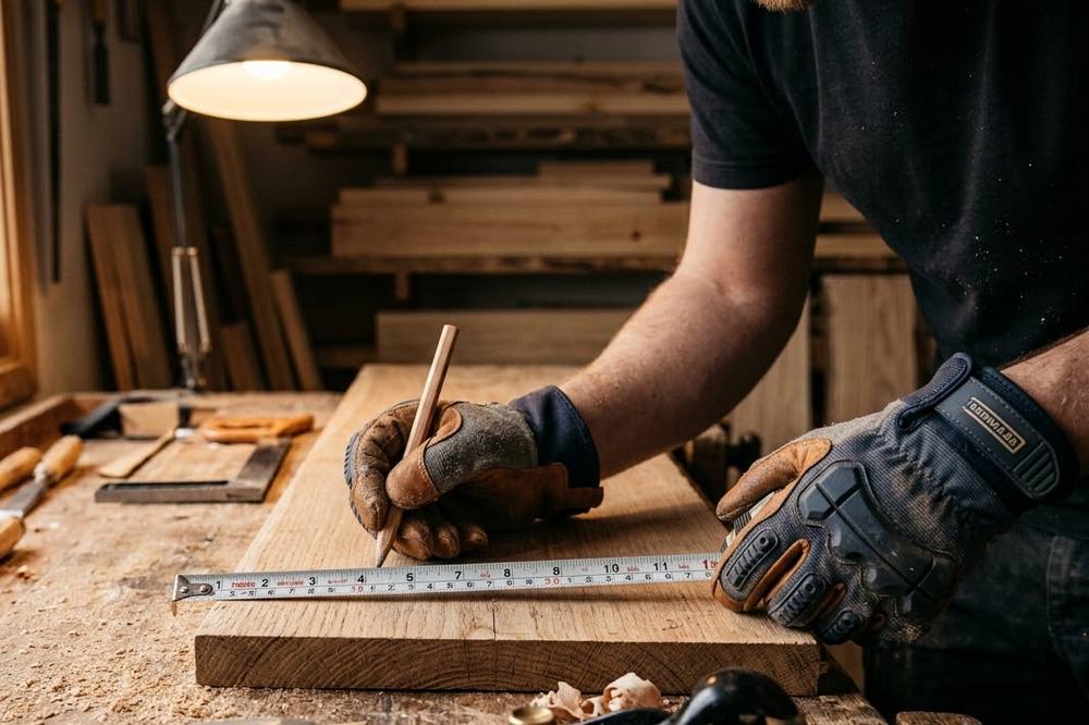 Håndverker måler og merker eikeplank på arbeidsbenk