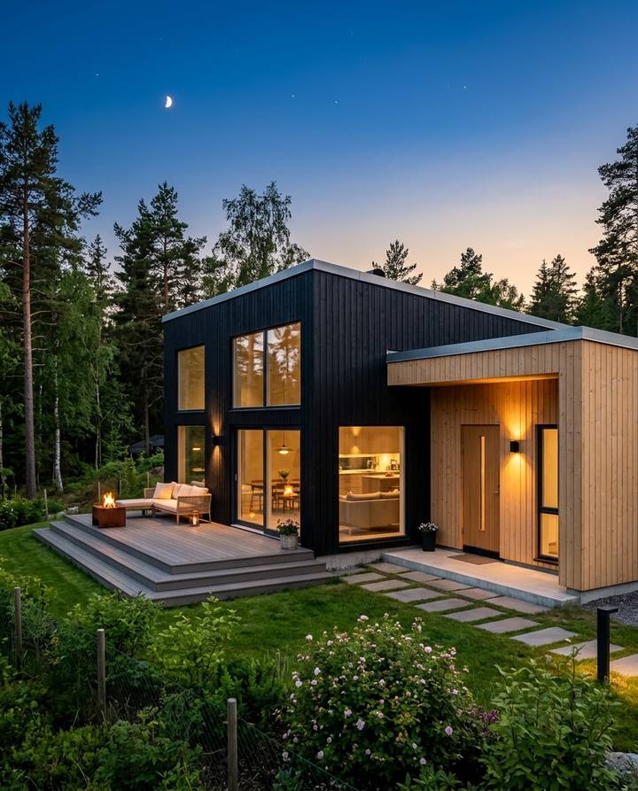 Moderne enebolig med svart kledning og nytt tilbygg i tre