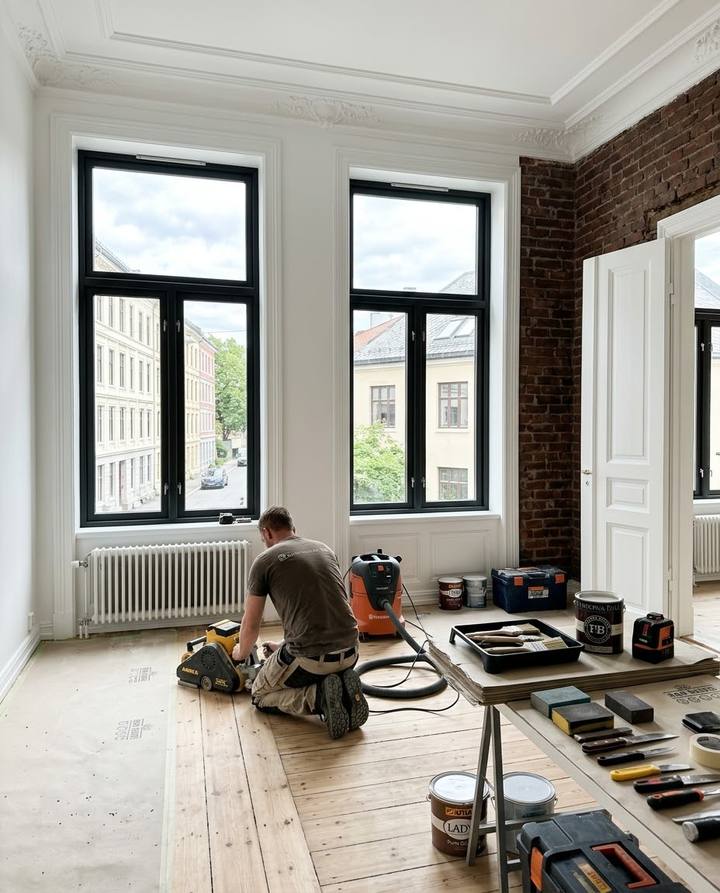 Klassisk leilighet under renovering med sliping av originalt tregulv